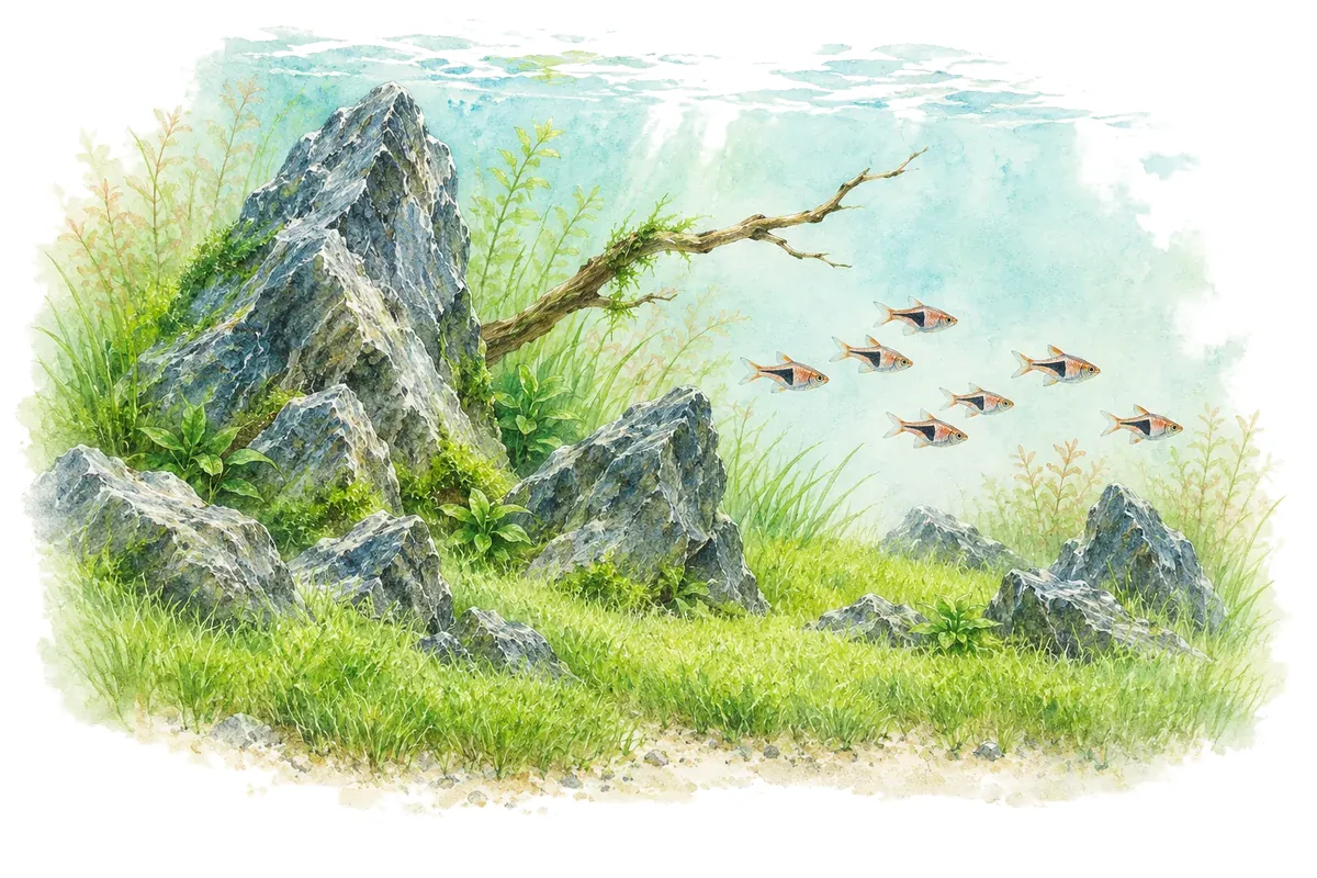 Un aquascape planté : roches, bois et un banc de poissons.