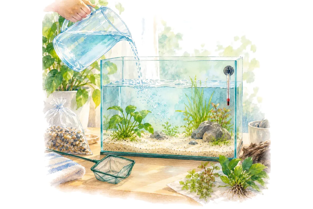 Un premier petit aquarium qu'on remplit : sable, jeunes plantes, thermomètre et épuisette.