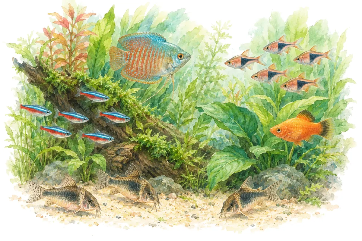 Néons, gourami nain, corydoras, rasboras arlequins et platy dans un bac planté.