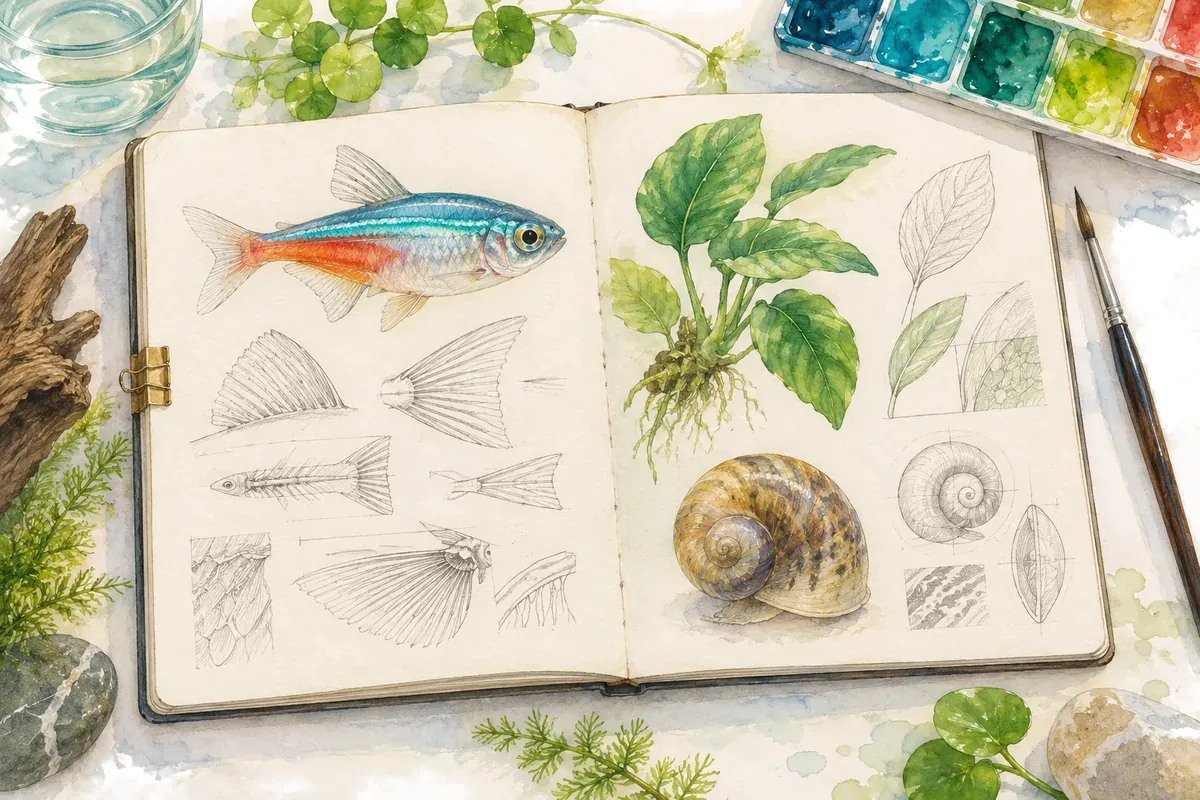 Un carnet de naturaliste ouvert sur des croquis de nageoires, une feuille et une coquille.