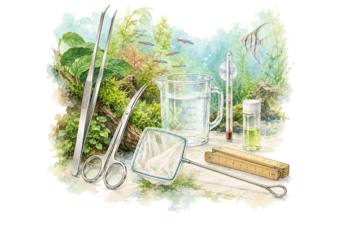 Pince, ciseaux, épuisette, thermomètre, verre doseur et règle de l'aquariophile.