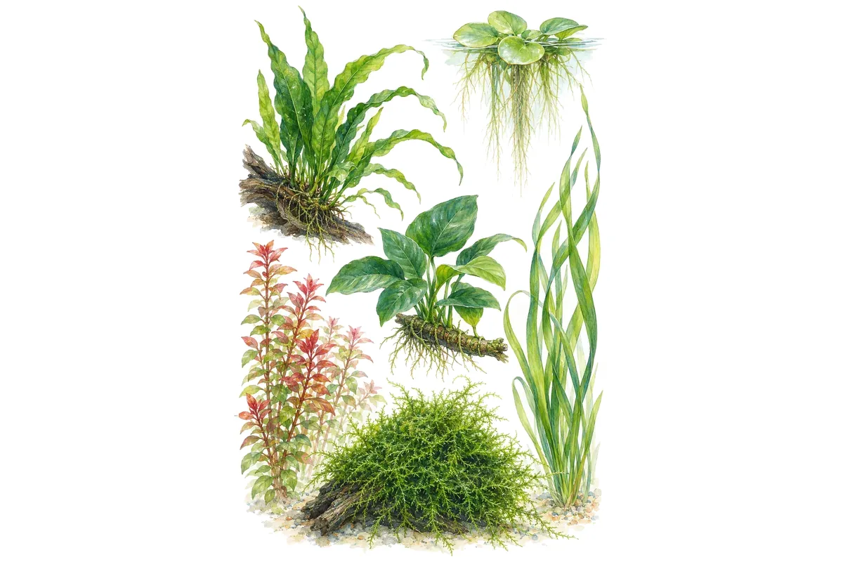 Planche de plantes d'aquarium : fougère de Java, anubias, vallisnérie, mousse, rotala rouge.