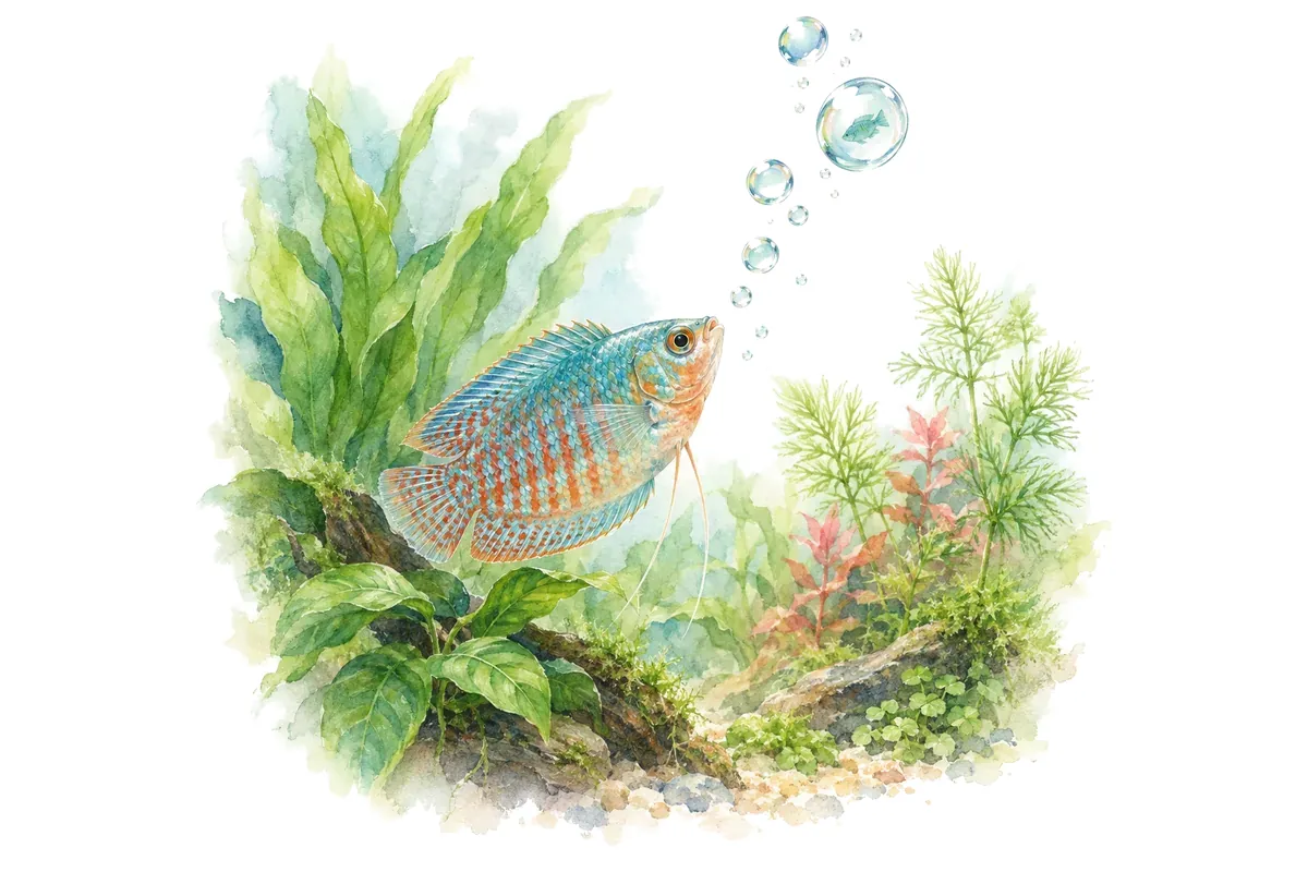 Un gourami nain curieux regarde monter une traînée de bulles.