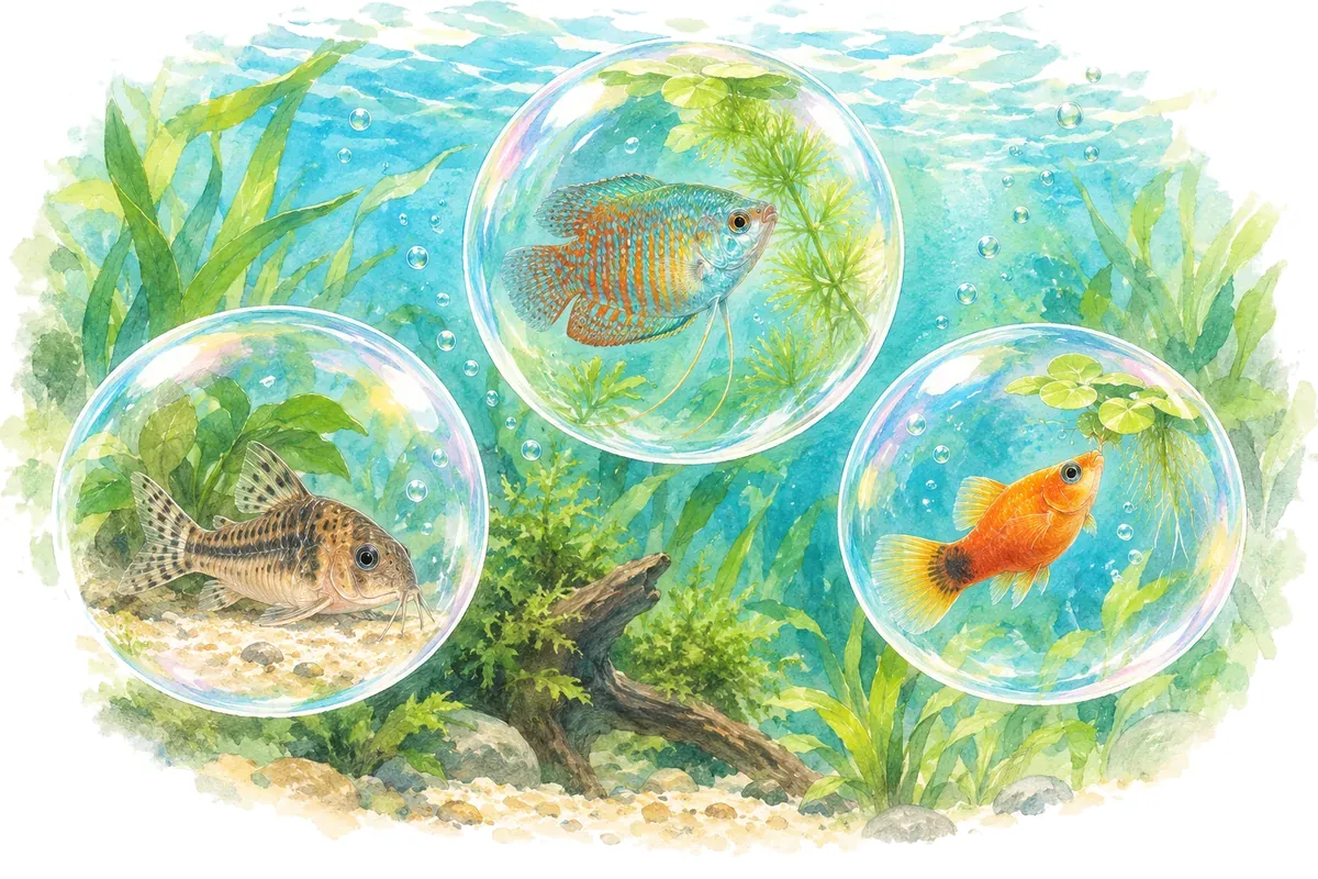 Trois poissons, chacun dans sa bulle : un corydoras timide, un gourami curieux, un platy joueur.