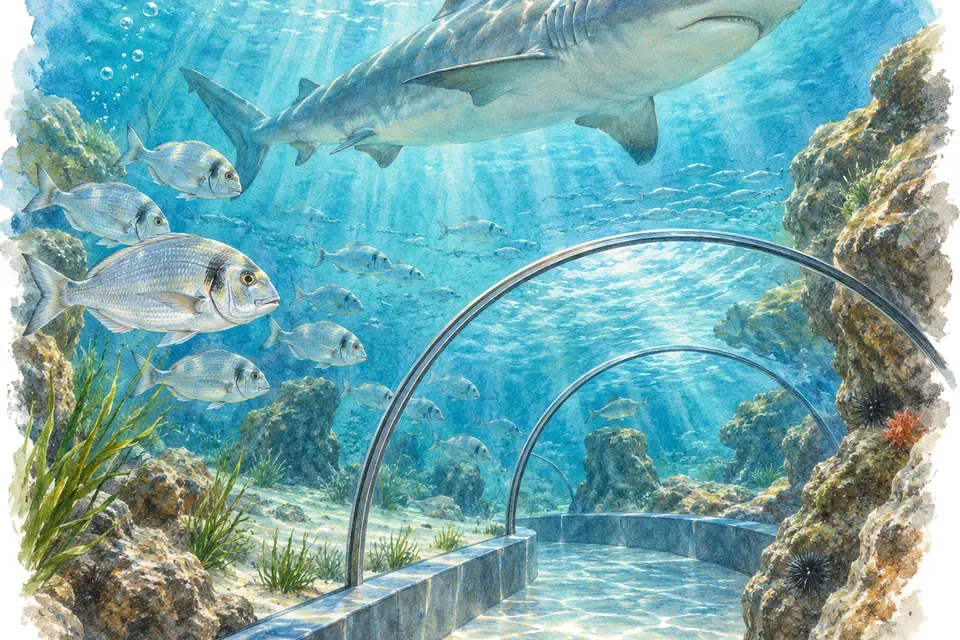 Illustration aquarelle : L'Aquàrium de Barcelone.