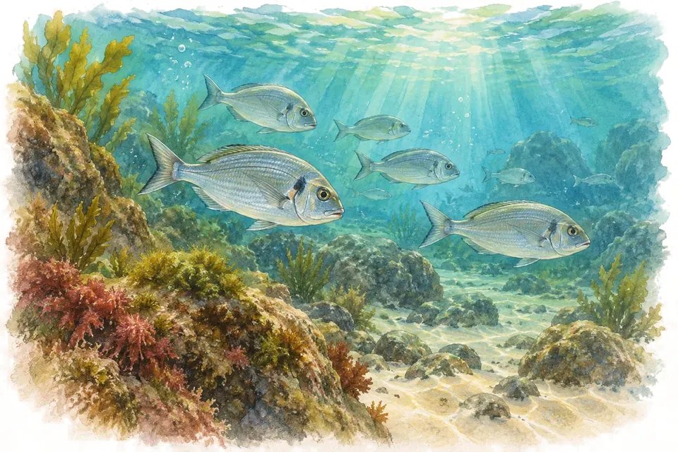 Illustration aquarelle : Aquarium de Gijón : un parcours entre rivières et océans.