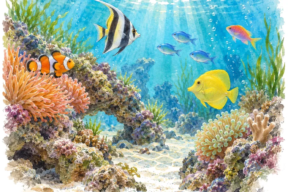 Illustration aquarelle : Aquarium de Livourne : une visite marine sur la côte toscane.