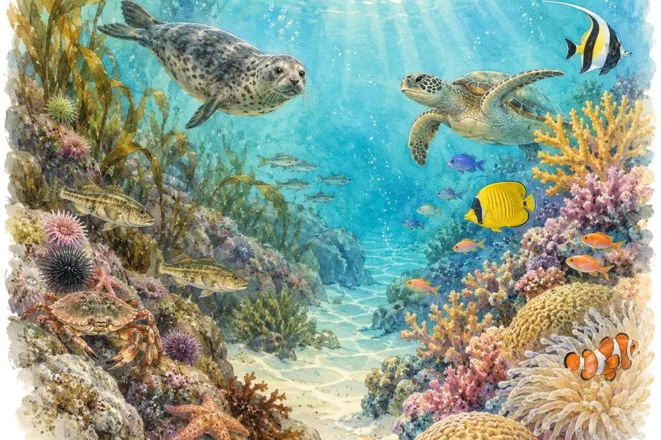 Illustration aquarelle : National Marine Aquarium de Plymouth.