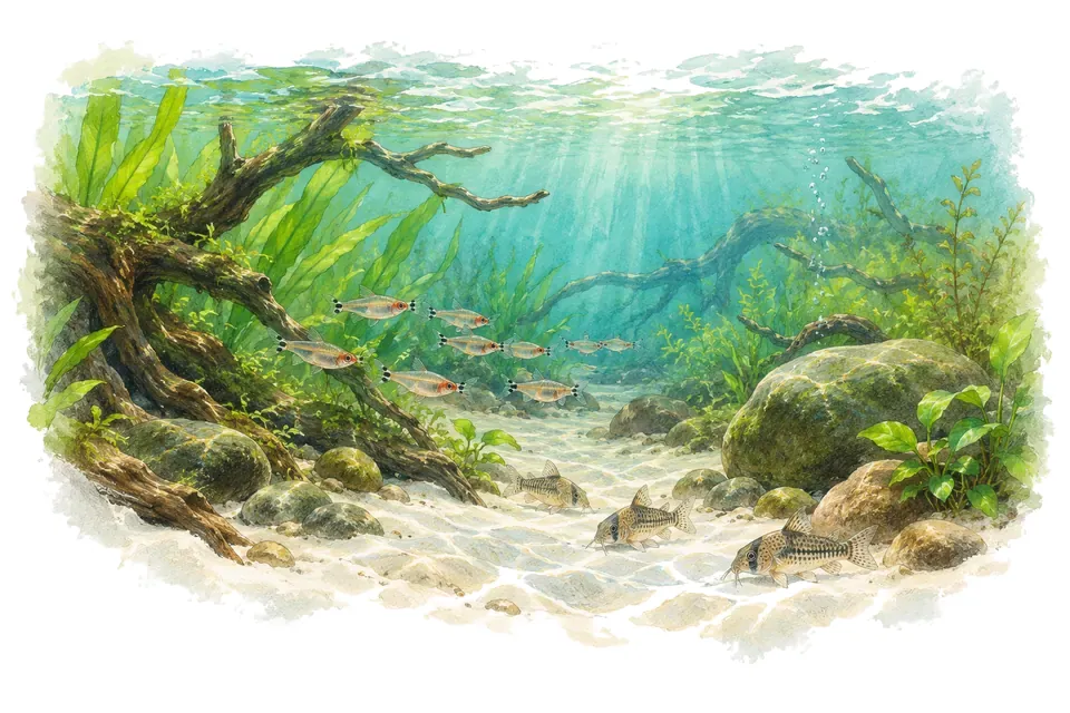 Aquarelle : paysage sous l'eau, rivières d'eaux claires d'amazonie, avec quelques-uns de ses poissons.