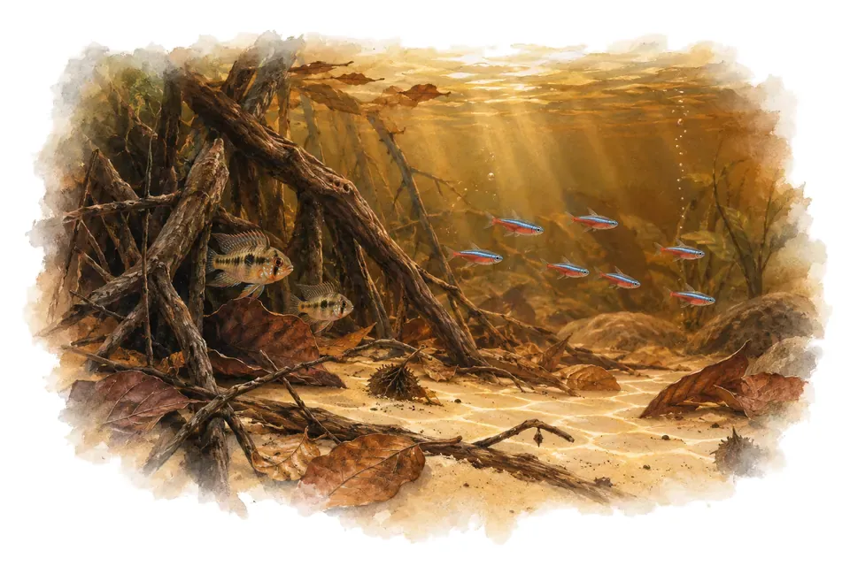 Aquarelle : paysage sous l'eau, eaux noires d'amazonie, avec quelques-uns de ses poissons.