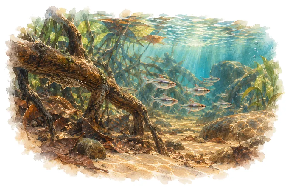 Aquarelle : paysage sous l'eau, fleuve congo et ses affluents, avec quelques-uns de ses poissons.