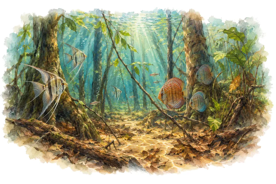 Aquarelle : paysage sous l'eau, forêt inondée d'amazonie, avec quelques-uns de ses poissons.