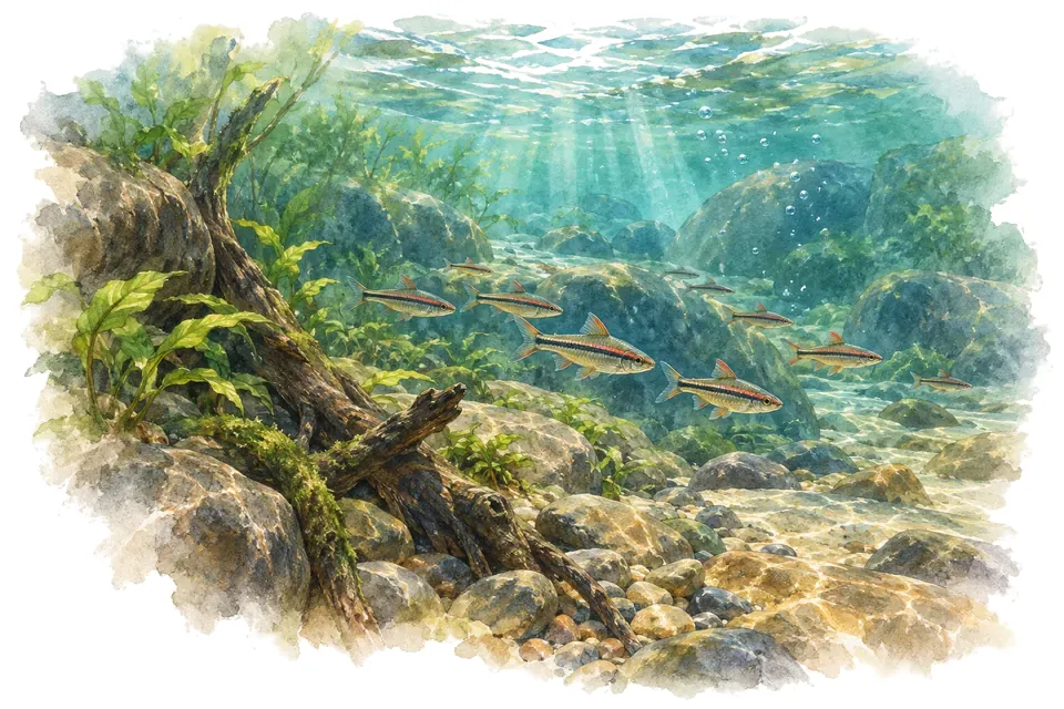 Aquarelle : paysage sous l'eau, rivières des ghâts occidentaux, avec quelques-uns de ses poissons.