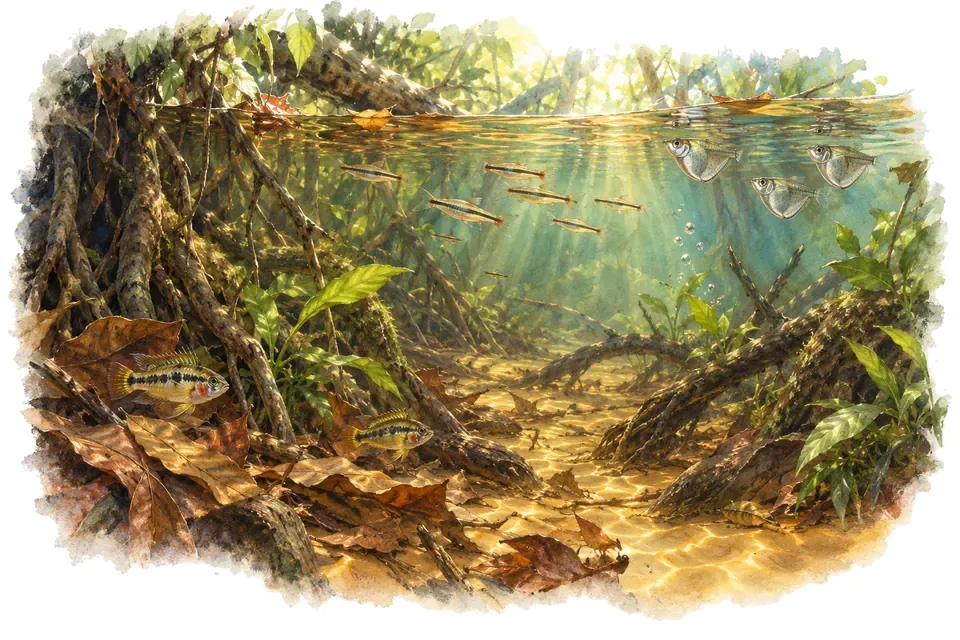 Aquarelle : paysage sous l'eau, igarapé, ruisseau de forêt amazonienne, avec quelques-uns de ses poissons.
