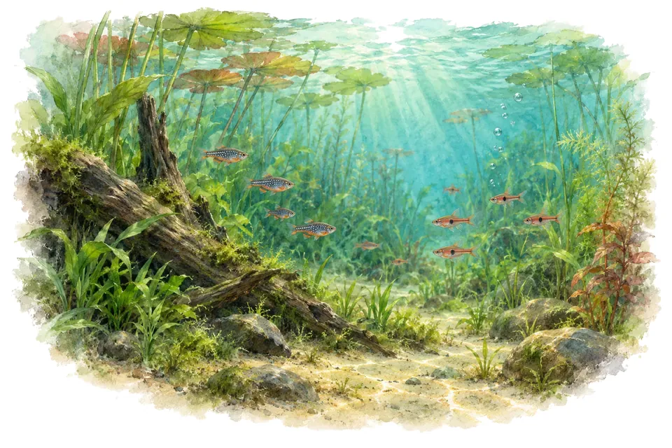 Aquarelle : paysage sous l'eau, lac inle et plateau shan, avec quelques-uns de ses poissons.