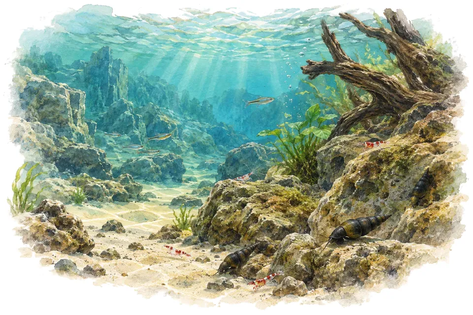 Aquarelle : paysage sous l'eau, lacs de malili à sulawesi, avec quelques-uns de ses poissons.