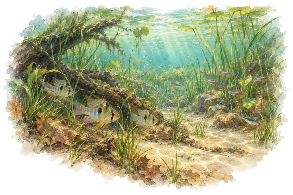 Aquarelle : paysage sous l'eau, savanes inondées des llanos de l'orénoque, avec quelques-uns de ses poissons.