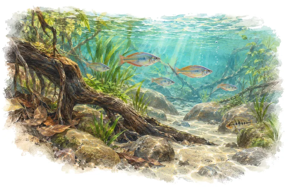 Aquarelle : paysage sous l'eau, rivières de madagascar, avec quelques-uns de ses poissons.