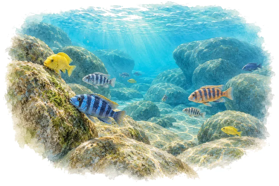 Aquarelle : paysage sous l'eau, côtes rocheuses du lac malawi, avec quelques-uns de ses poissons.
