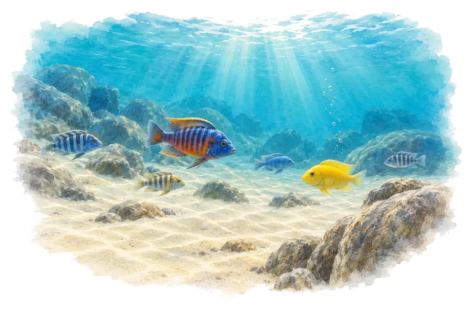 Aquarelle : paysage sous l'eau, fonds sableux du lac malawi, avec quelques-uns de ses poissons.