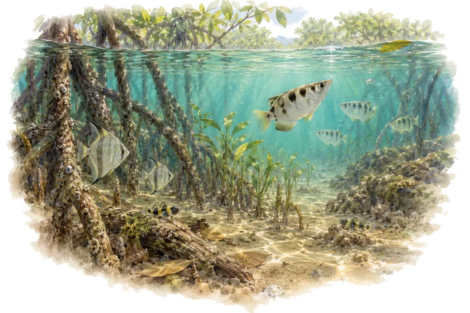 Aquarelle : paysage sous l'eau, estuaires et mangroves d'asie, avec quelques-uns de ses poissons.