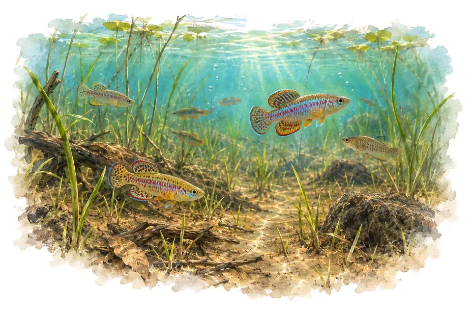 Aquarelle : paysage sous l'eau, mares temporaires d'afrique de l'est, avec quelques-uns de ses poissons.