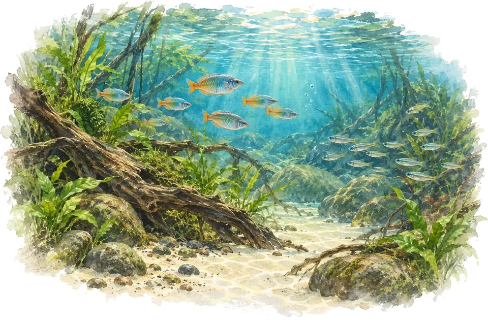 Aquarelle : paysage sous l'eau, rivières de nouvelle-guinée et d'australie, avec quelques-uns de ses poissons.