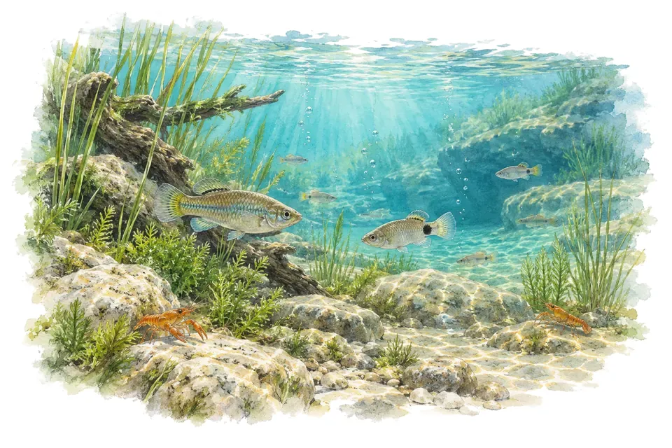 Aquarelle : paysage sous l'eau, lacs et sources du plateau mexicain, avec quelques-uns de ses poissons.