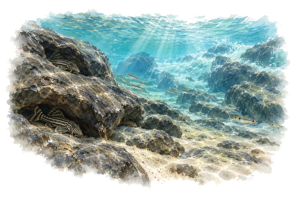 Aquarelle : paysage sous l'eau, rapides rocheux du rio xingu, avec quelques-uns de ses poissons.