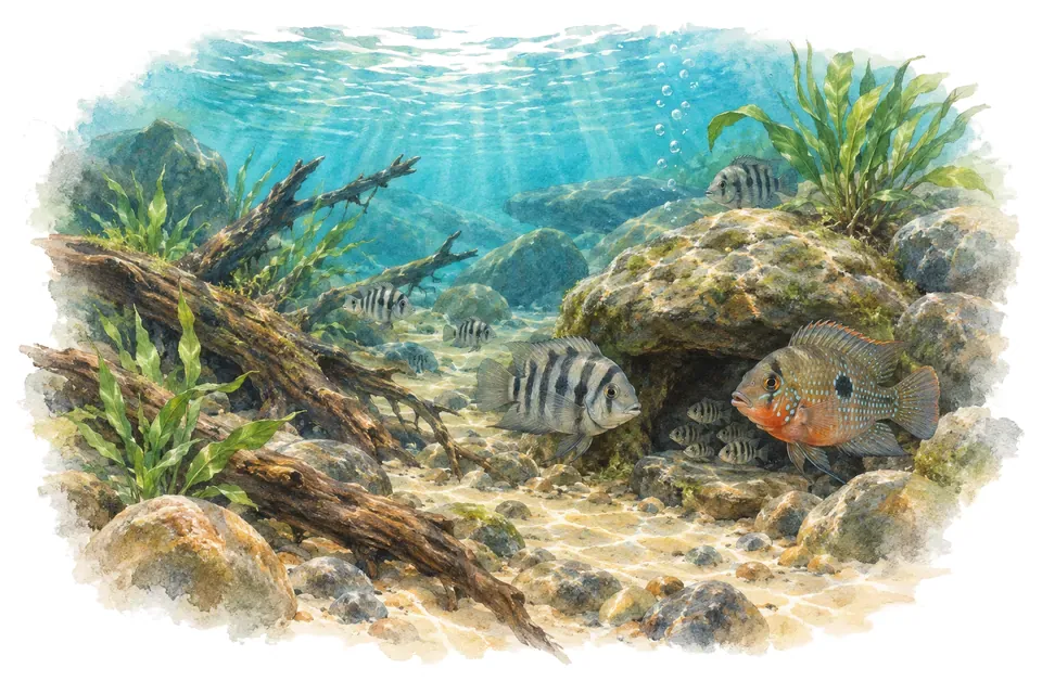 Aquarelle : paysage sous l'eau, rivières d'amérique centrale, avec quelques-uns de ses poissons.