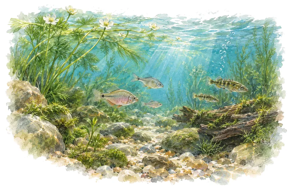Aquarelle : paysage sous l'eau, rivières et étangs d'europe, avec quelques-uns de ses poissons.