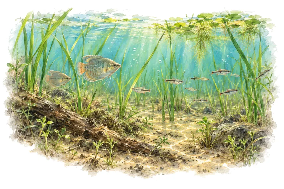 Aquarelle : paysage sous l'eau, rizières et marais d'asie du sud-est, avec quelques-uns de ses poissons.