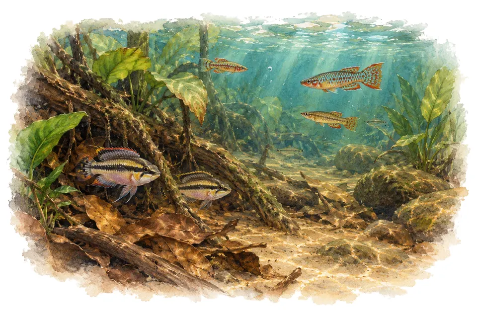 Aquarelle : paysage sous l'eau, ruisseaux forestiers d'afrique de l'ouest, avec quelques-uns de ses poissons.
