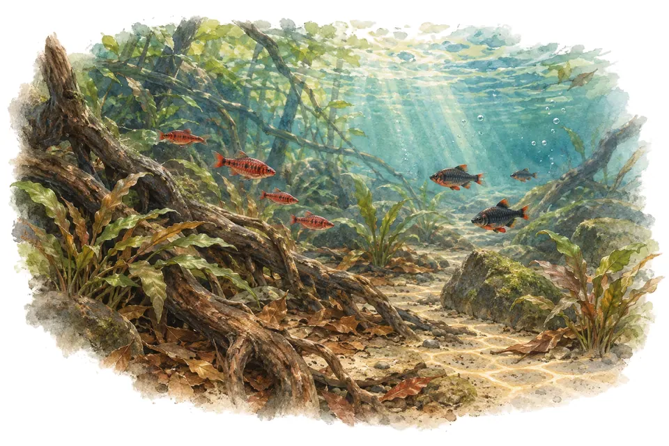 Aquarelle : paysage sous l'eau, ruisseaux forestiers du sri lanka, avec quelques-uns de ses poissons.
