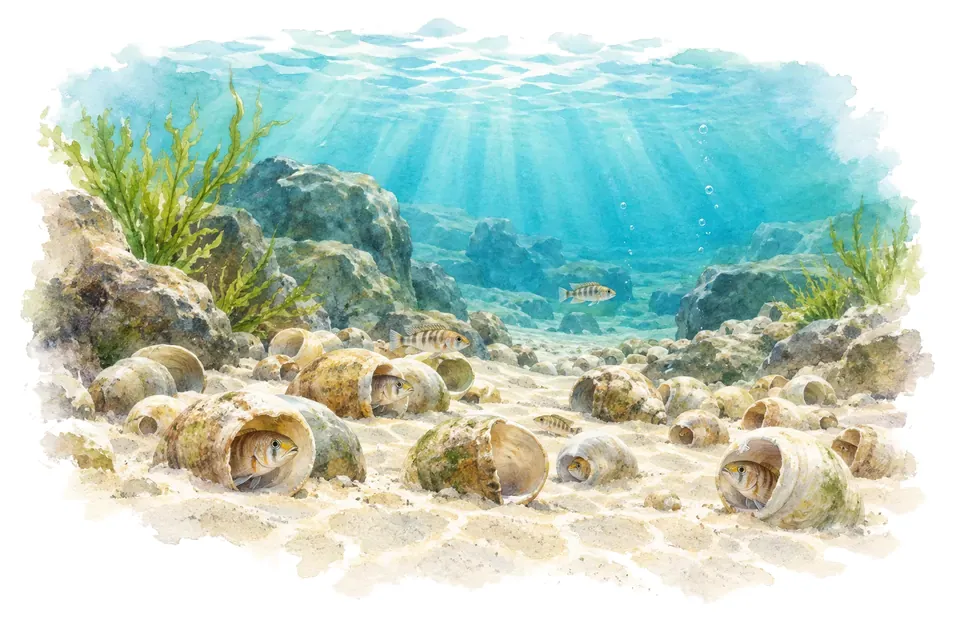 Aquarelle : paysage sous l'eau, lits de coquilles du lac tanganyika, avec quelques-uns de ses poissons.