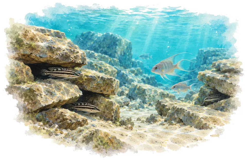 Aquarelle : paysage sous l'eau, éboulis rocheux du lac tanganyika, avec quelques-uns de ses poissons.