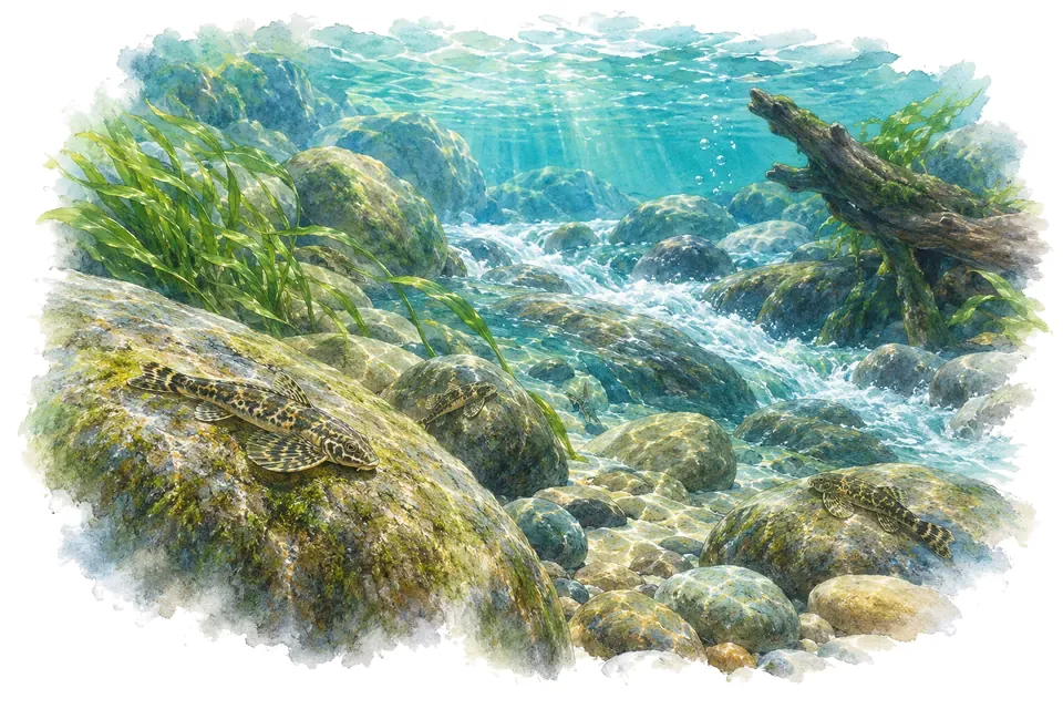 Aquarelle : paysage sous l'eau, torrents de montagne de chine du sud, avec quelques-uns de ses poissons.