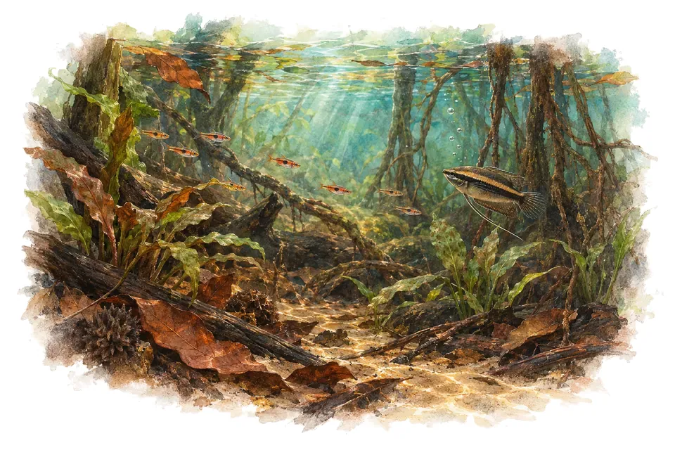 Aquarelle : paysage sous l'eau, tourbières d'asie du sud-est, avec quelques-uns de ses poissons.