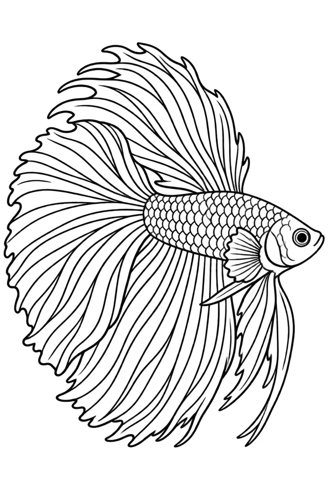 Coloriage à imprimer : Combattant (Betta splendens), dessin au trait noir sur fond blanc.