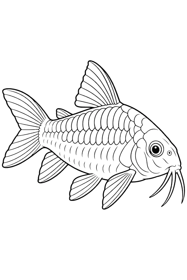 Coloriage à imprimer : Corydoras bronze (Osteogaster aeneus), dessin au trait noir sur fond blanc.