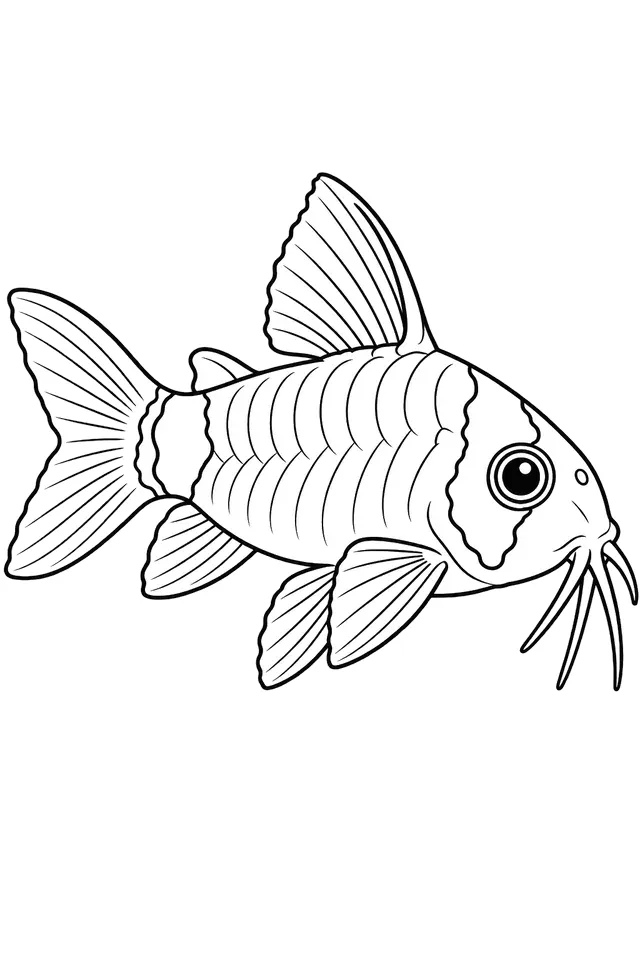 Coloriage à imprimer : Corydoras panda (Hoplisoma panda), dessin au trait noir sur fond blanc.
