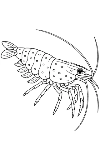 Coloriage à imprimer : Crevette amano (Caridina multidentata), dessin au trait noir sur fond blanc.