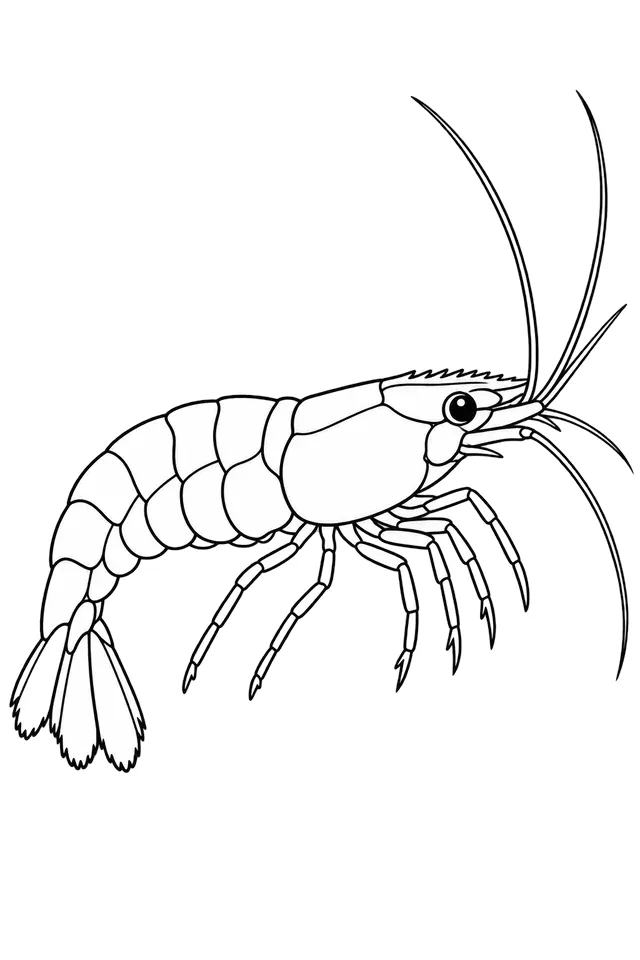 Coloriage à imprimer : Crevette Neocaridina rouge (Neocaridina davidi), dessin au trait noir sur fond blanc.