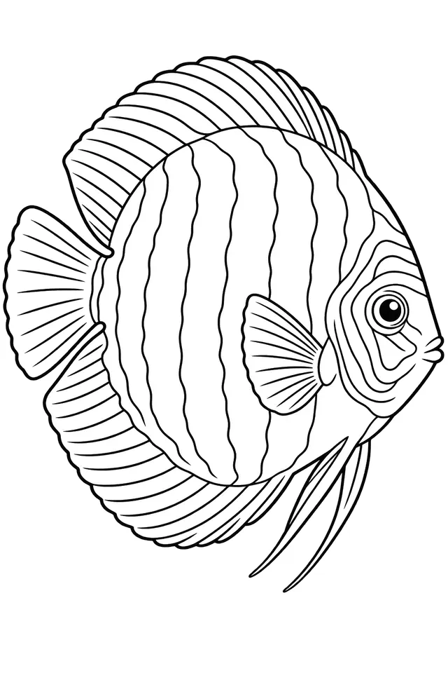 Coloriage à imprimer : Discus (Symphysodon discus), dessin au trait noir sur fond blanc.