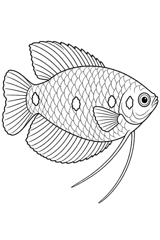 Coloriage à imprimer : Gourami bleu (Trichopodus trichopterus), dessin au trait noir sur fond blanc.