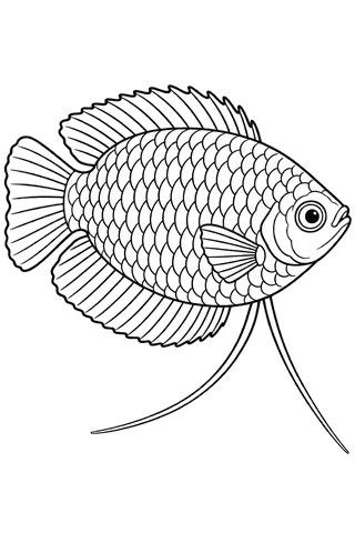 Coloriage à imprimer : Gourami nain (Trichogaster lalius), dessin au trait noir sur fond blanc.