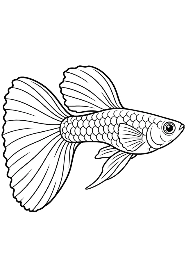 Coloriage à imprimer : Guppy (Poecilia reticulata), dessin au trait noir sur fond blanc.