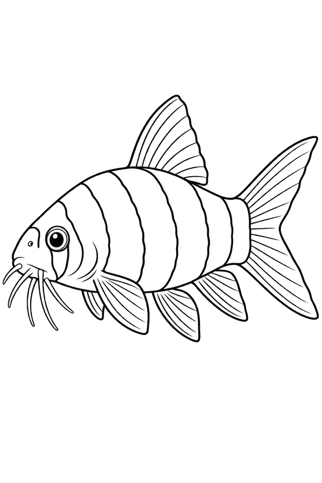 Coloriage à imprimer : Loche clown (Chromobotia macracanthus), dessin au trait noir sur fond blanc.