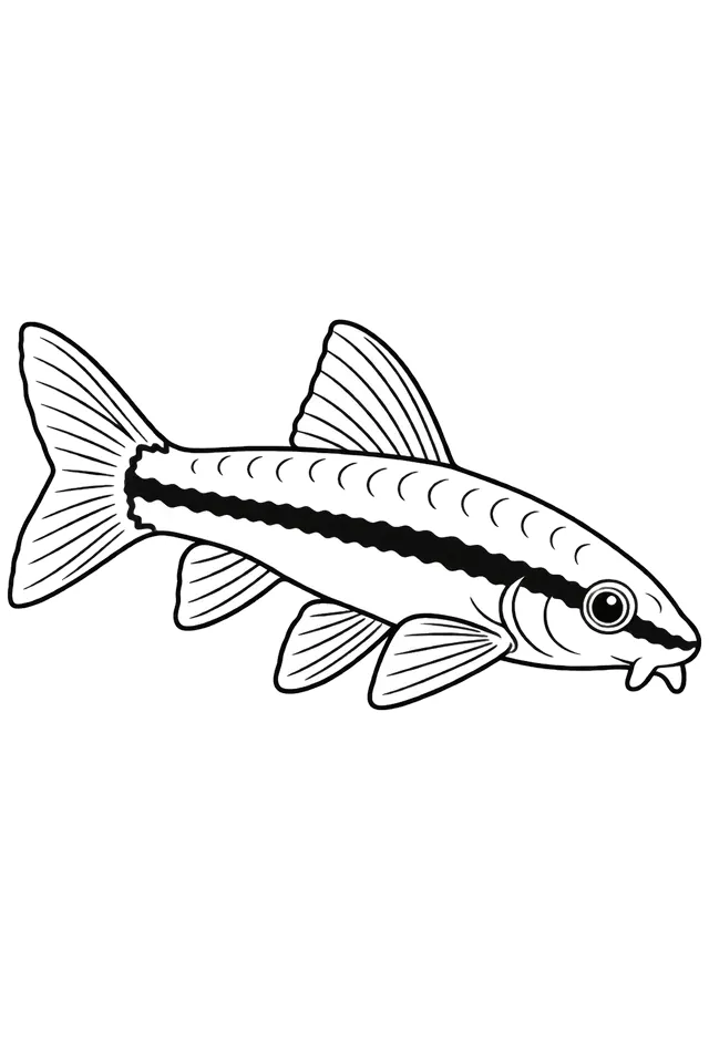 Coloriage à imprimer : Otocinclus rayé (Otocinclus vittatus), dessin au trait noir sur fond blanc.