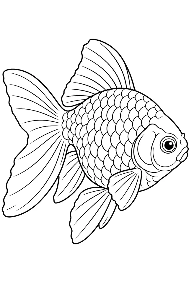 Coloriage à imprimer : Poisson rouge (Carassius auratus), dessin au trait noir sur fond blanc.